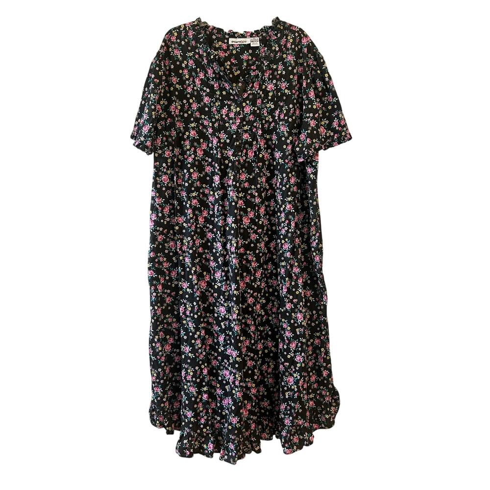 Dreams & Co 3X Black Floral Cotton House Dress Nightgown Cottagecore Roses